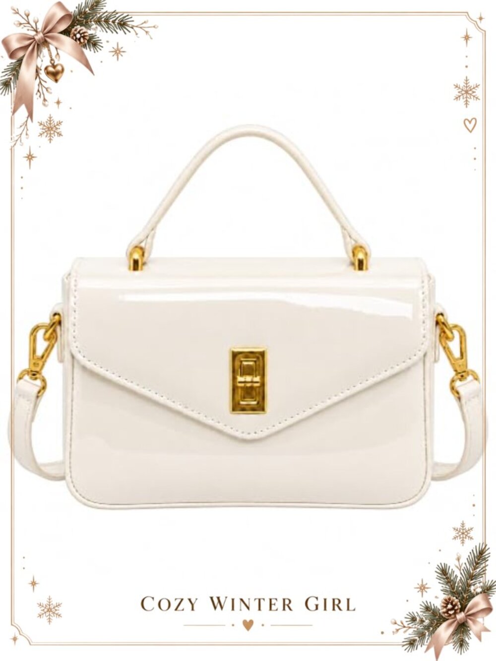 Patent Leather Crossbody Shoulder Bag Gold Twist Lock Top Handle Purse